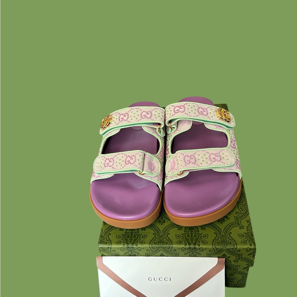 Gucci Lilac Purple and Pastel Green GG Logo Double-Strap Slide Sandals